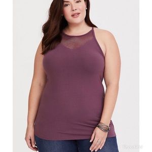Torrid Eggplant Mesh Crisscross Foxy tank top.